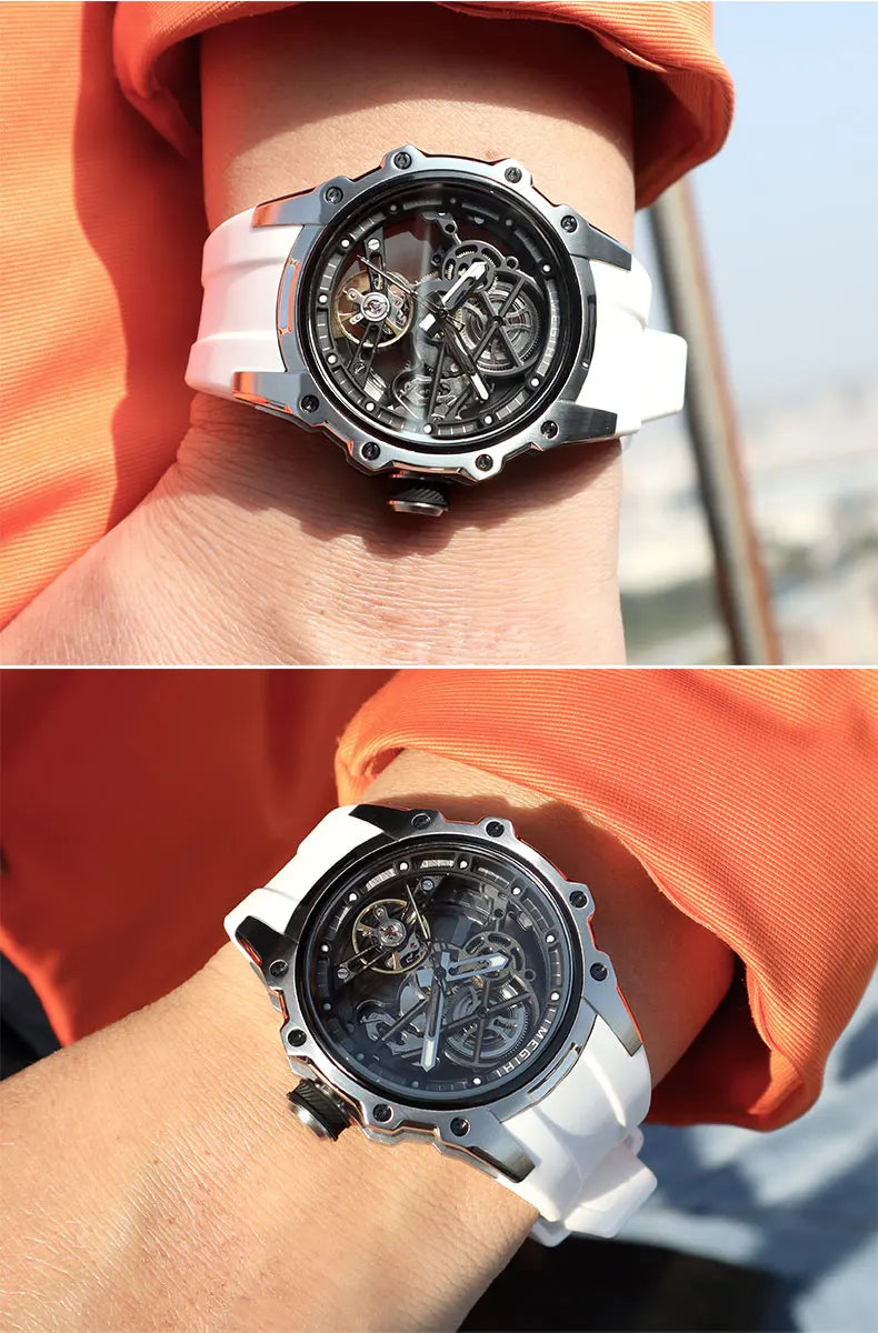 MEGIR Skeleton Dial Automatic Mechanical Watch Men Stainless Steel Case Waterproof Luminous Sport Wristwatch with Silicone Strap