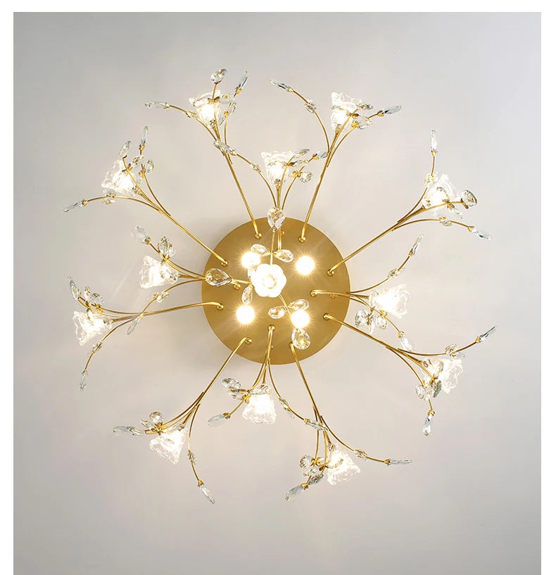 Luxury Crystal Flower Ceiling Light Gold LED Branch Tree Chandelier For Living Room Bedroom Villa Hotel Decor Bedside Wall Lamp