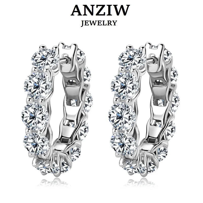 Anziw New 4mm Moissanite Hoops Luxury Eternity Diamond Earrings Solid Silver 925 18K White Gold Plated Jewelry for Women Gifts
