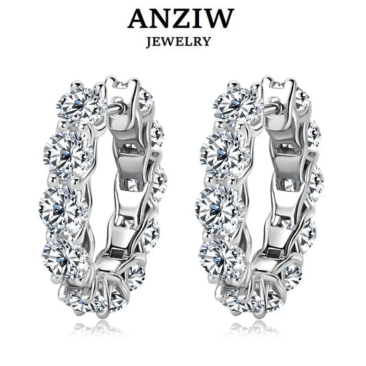 Anziw New 4mm Moissanite Hoops Luxury Eternity Diamond Earrings Solid Silver 925 18K White Gold Plated Jewelry for Women Gifts