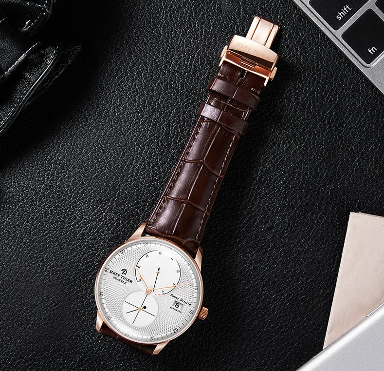 Reef-Tiger /RT Men Luxury Watch Rose Gold Mechanical Watch Brown Leather Strap Analog Watches Relogio Masculino RGA82B0