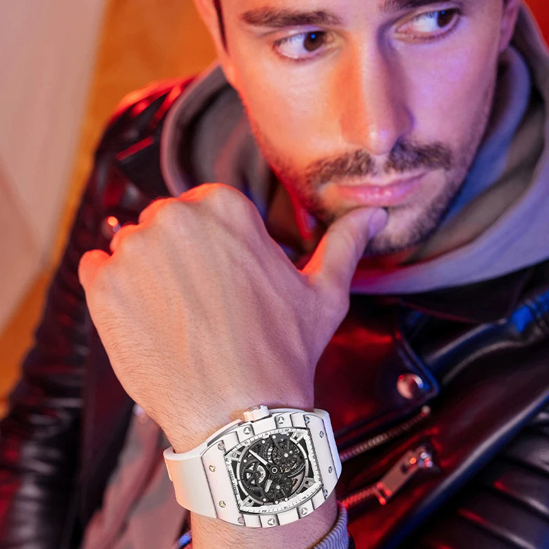 BONEST GATTI Men Automatic Movement Mechanical Watch Carbon Fiber Bezel Tonneau Luminous Case Fluororubber Strap Watches For Men