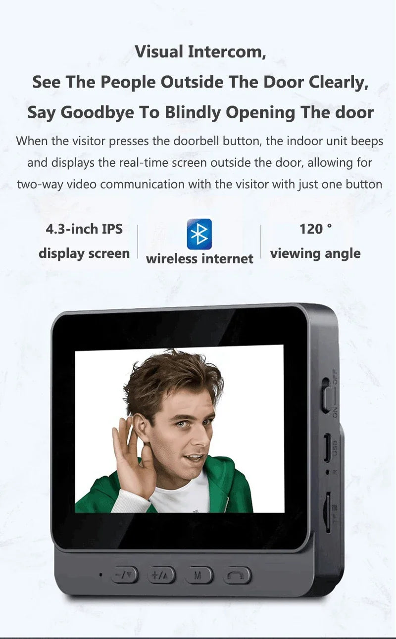 Video Doorbell IR Night Vision Doorbell Camera 1080P 4.3inch IPS Screen Eye Peephole Camera 2.4G for Villa Home Office Apartment