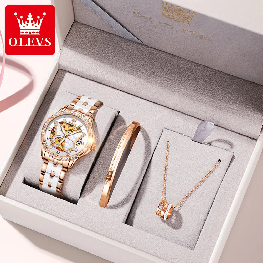 OLEVS 6622 Luxury Women All Automatic Mechanical Watch HD Waterproof Elegant Butterfly Diamond Women Fashion Bracelet Set Watch