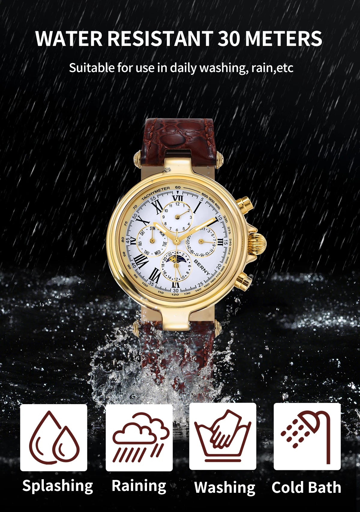 BERNY Retro-Automatikuhr für Herren mit Sonnen- und Mondphasenanzeige, luxuriöse mechanische Armbanduhr, leuchtende Möwe ST1652, klassische Herrenuhr