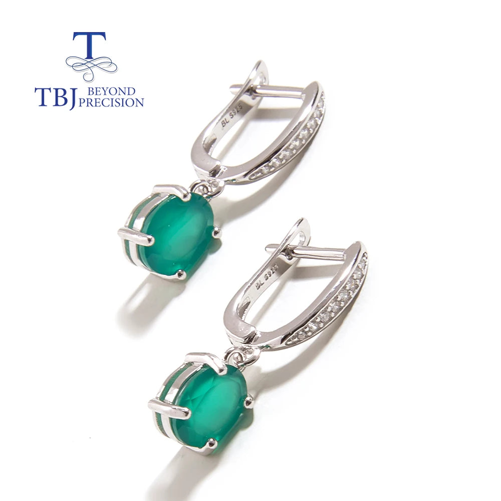 925 sterling silver Simple pendant natural green agate Necklace real gemstone Earrings Jewelry set Elegant gift for women