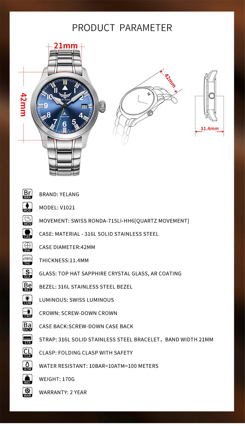 Yelang Men Quartz Watch Luminos Ronda Movement 10years Lithium battery pilot watch WR100M Sapphire  Military Watch