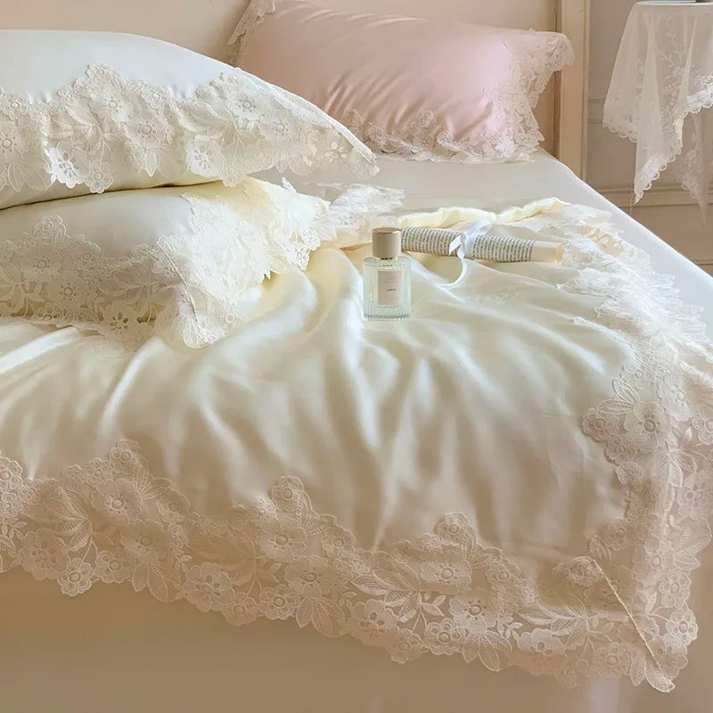 100%Eucalyptus Lyocell Cream White Lace Soft Silky Textured Wrinkle-Free Summer comforter Blanket 1Pc Flat sheet 2Pillow shams