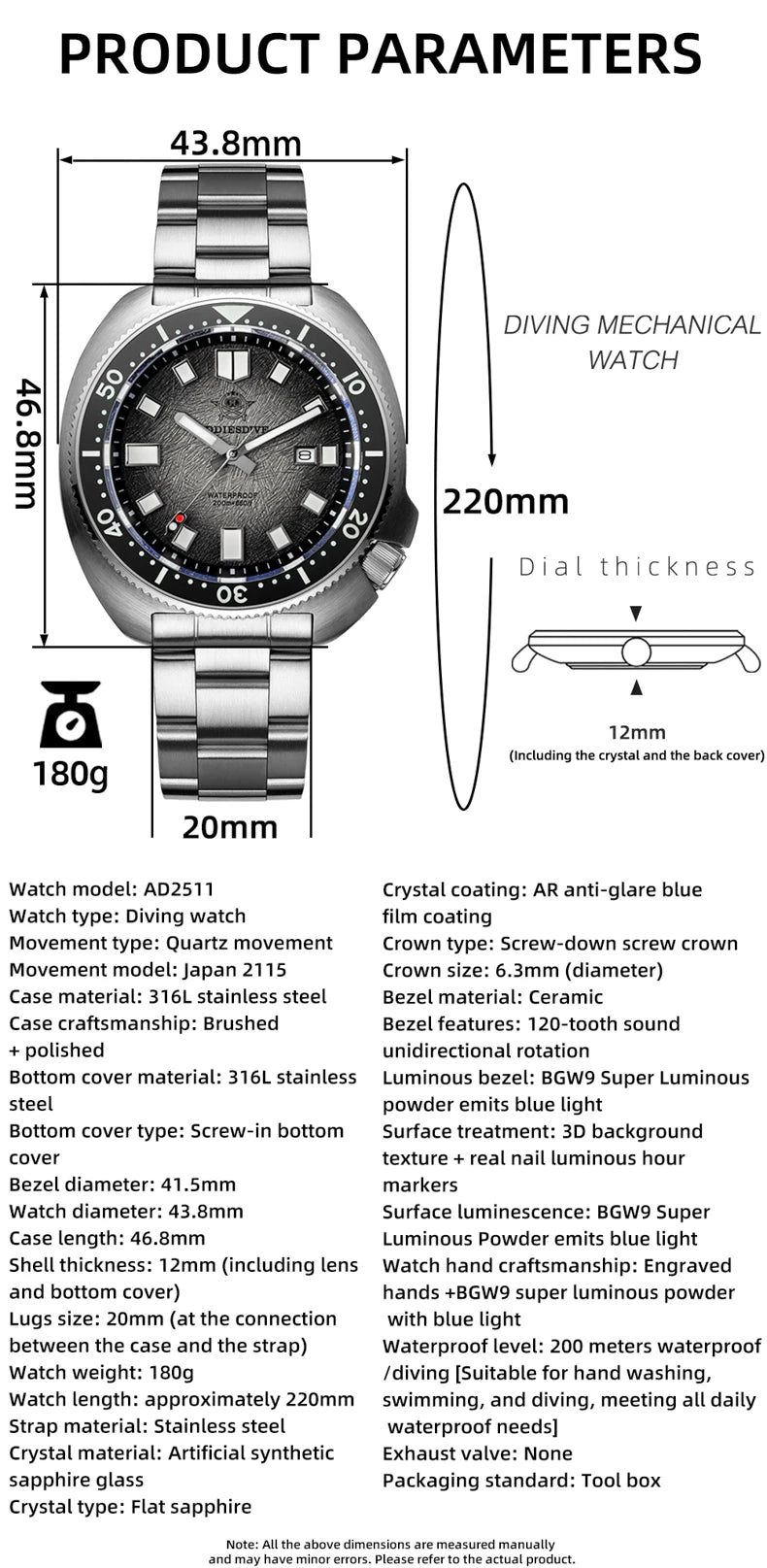 ADDIESDIVE Quartz Watches For Men Stainless Steel Sapphire Glass Male Clock Super Luminous 20Bar Waterproof Diving Watch AD2511