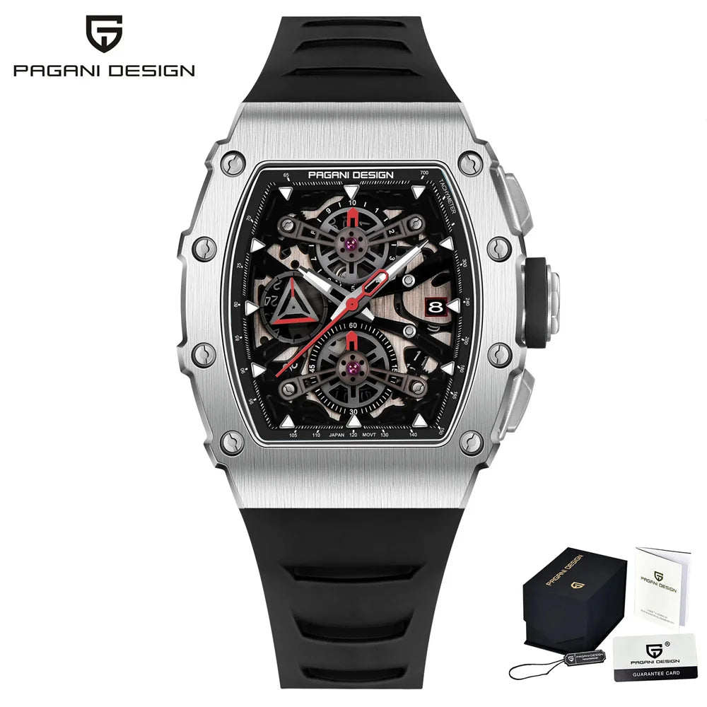 Pagani Design Men's Quartz Watches Japan Movt Skeleton Dial Waterproof Sport Rectangle Sapphire Glass Chronograph Watch For Men