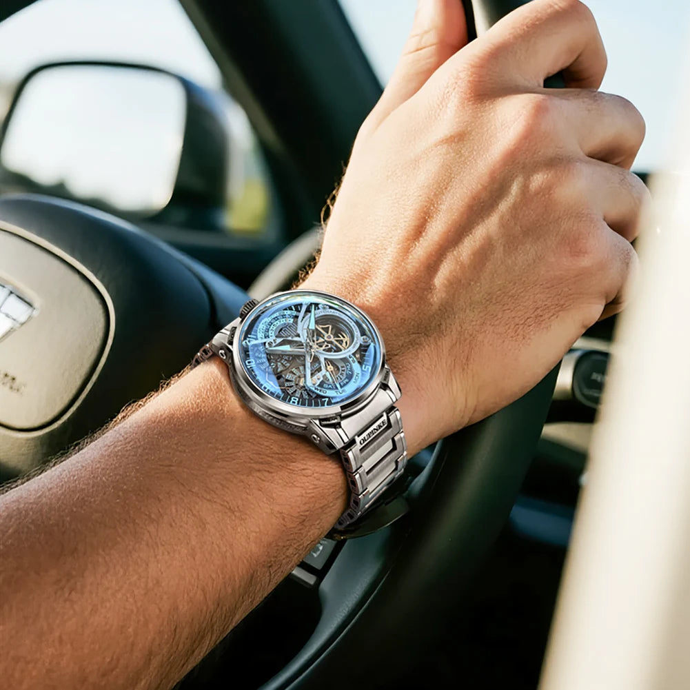 OUPINKE 3278 Herrenuhr, Luxus-Automatikuhr mit Schwungrad, Skelett-Uhrwerk, 50 m wasserdicht, Edelstahl 316L
