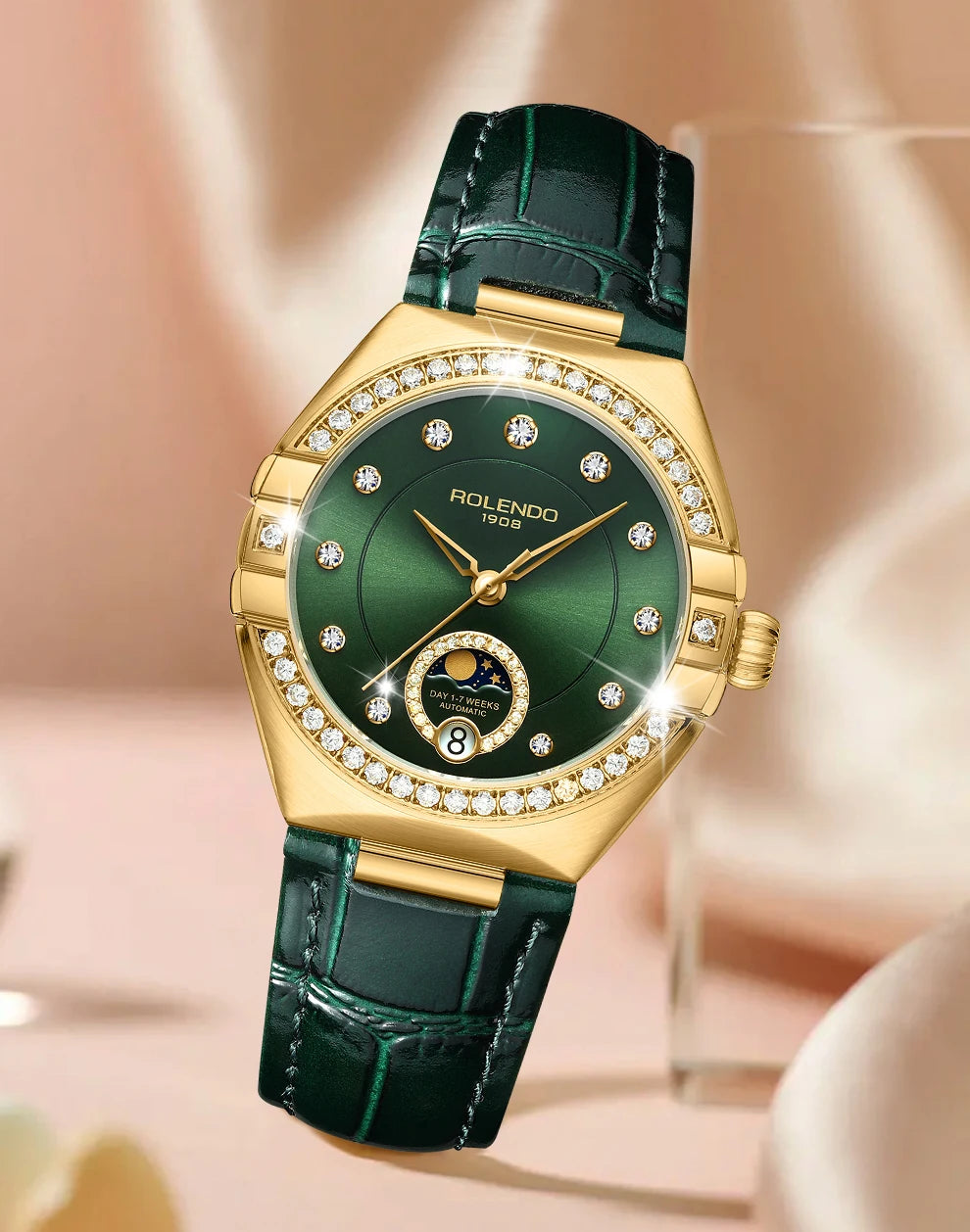 ROLENDO Constellation Style Automatic Women's Watch Secret Emerald Strap Green Dial Day-Date Sapphire Crystal Waterproof Elegant