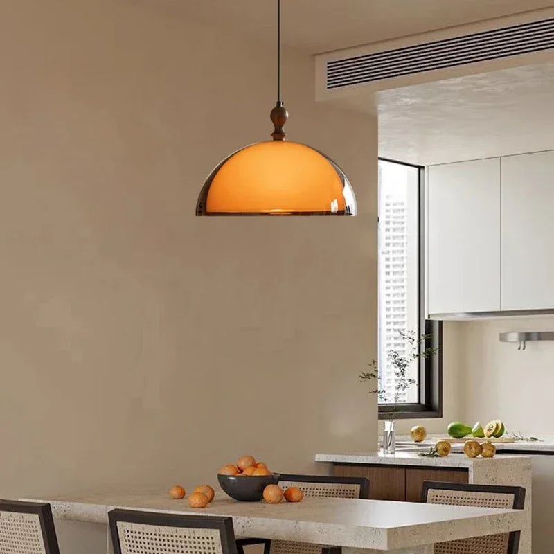 Retro Brown Acrylic Lampshade Pendant Light with Walnut Wood E27 Bulb Hanging Lamp for Dining Room Bar Adjustable Chandelier