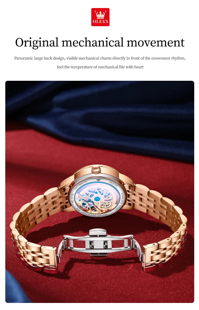 OLEVS Original Rhinestone Flower Design Watch Women's Luxury Rose Gold Watch Wine Red Automatic Mechanical Watch Birthday Gift