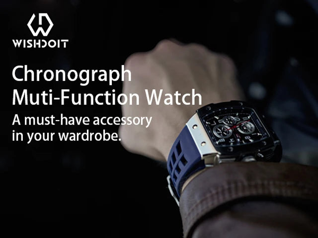 WISHDOIT NH35 Men's Chronograph Luxury Tonneau Design Features with Calendar Date Glowing 50m Depth Waterproof FKM Rubber Strap