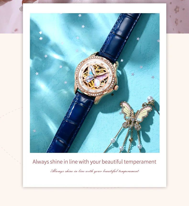 OLEVS Luxury Fashion Women's Watches Colorful Butterfly Dial Original Brand Automatic Mechanical Wristwatch Ceramics Strap Trend