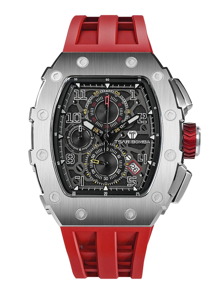 TSAR BOMBA Tonneau Mens Watches Sapphire Crystal Red Wristwatch Waterproof Chronograph Date Clock Luxury Christmas Gift for Men