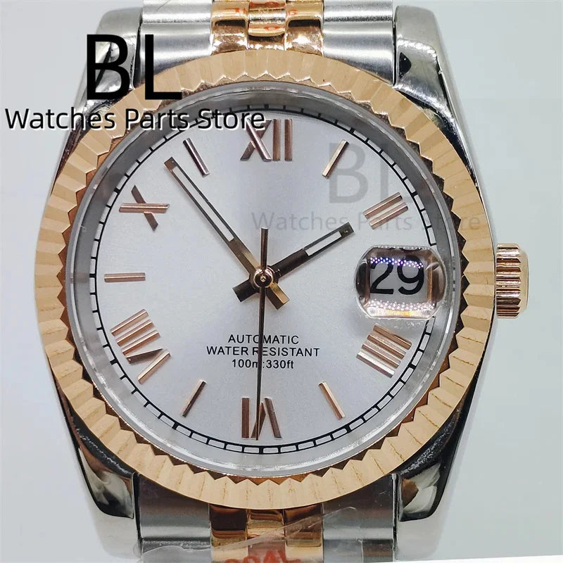 BLIGER 36mm39mm Two-tone Rose Gold Black Dial Watch For Men Date Fluted Bezel Sapphire Glass Rose Roman Index Jubille Bracelet