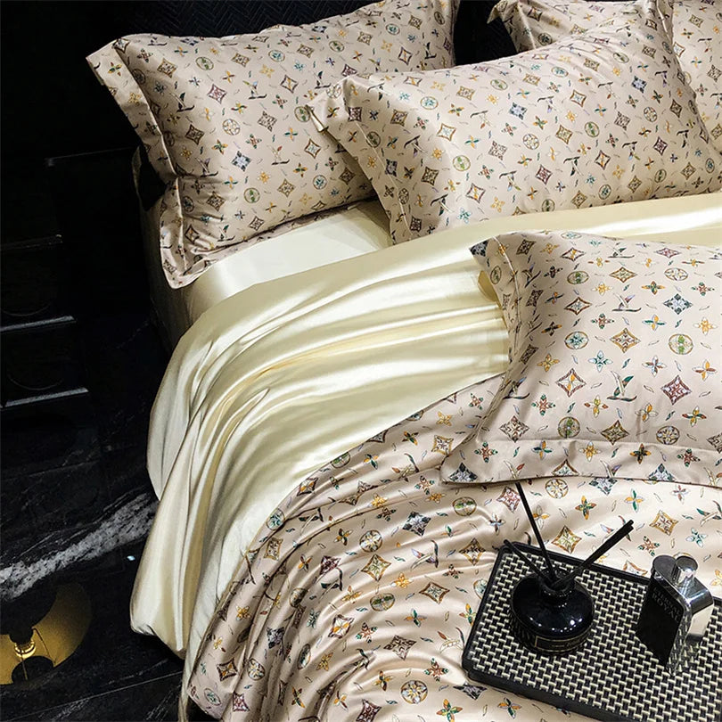Floral Silk Bedding Set with Duvet Cover Bed Sheet Pillowcase Luxury Couple Single Double King Queen Soft Bedsheet Nordic Smooth