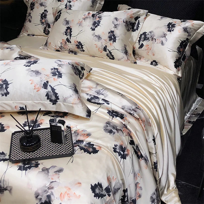 Floral Silk Bedding Set with Duvet Cover Bed Sheet Pillowcase Luxury Couple Single Double King Queen Soft Bedsheet Nordic Smooth