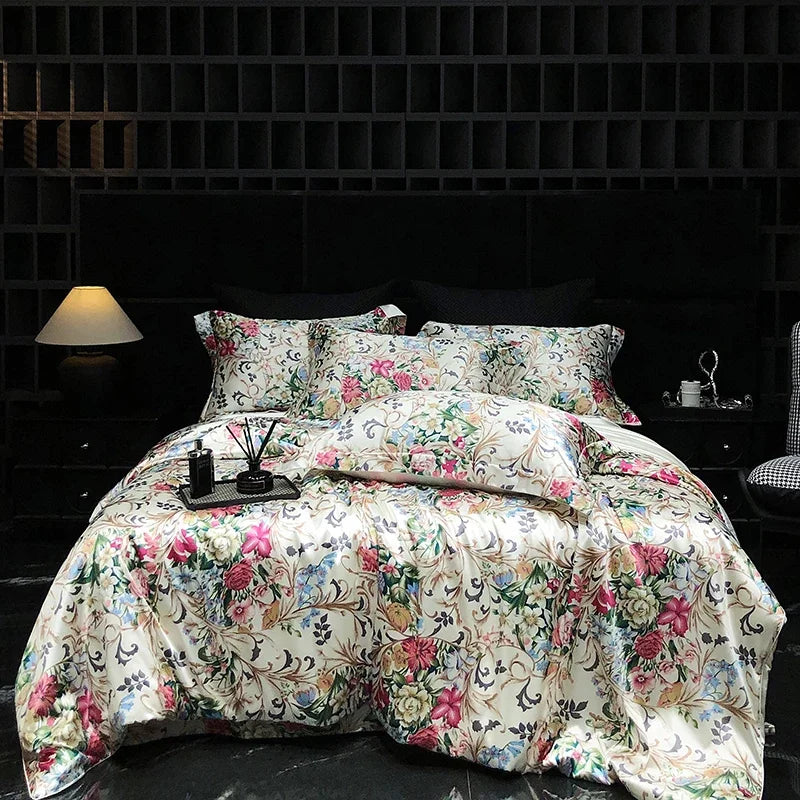 Luxury Palace Style Silk Bedding Set HighEnd Soft Silky Satin Quilt Cover Set Printed Queen King Duvet Cover Gift for Your Lover