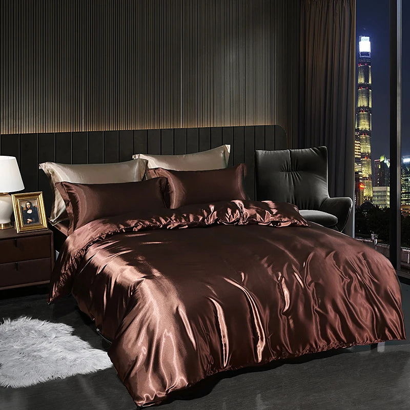 Luxury Satin  Bedding Set With Flat Sheet Duvet Cover High End Bedding Set  High Density Satin  Solid Color Bedding