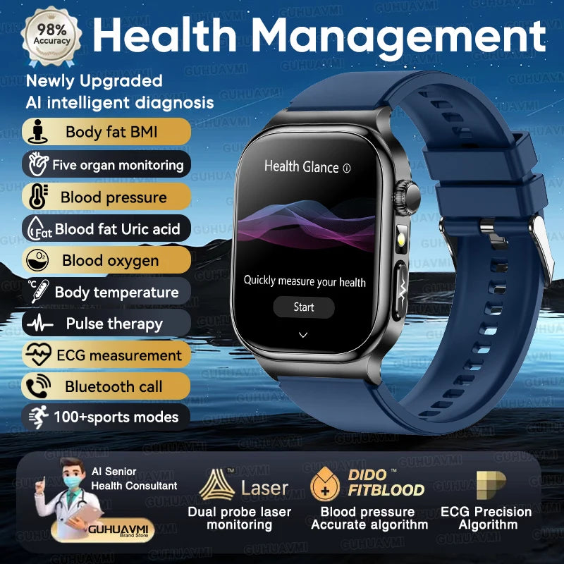 2025 New AI Human Health diagnosis ECG+HRV Smart Watch Blood Pressure Uric acid Blood lipid Bluetooth Call Smartwatch Men Women