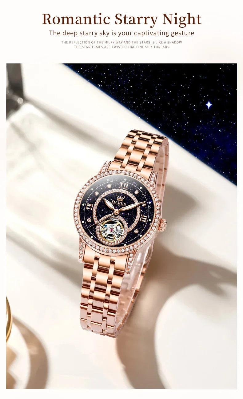 OLEVS Hollow Women's Watch Fully Automatic Mechanical Watch Luxury Diamond Inlaid Starry Sky Elegant Women's Brand Watch  7036