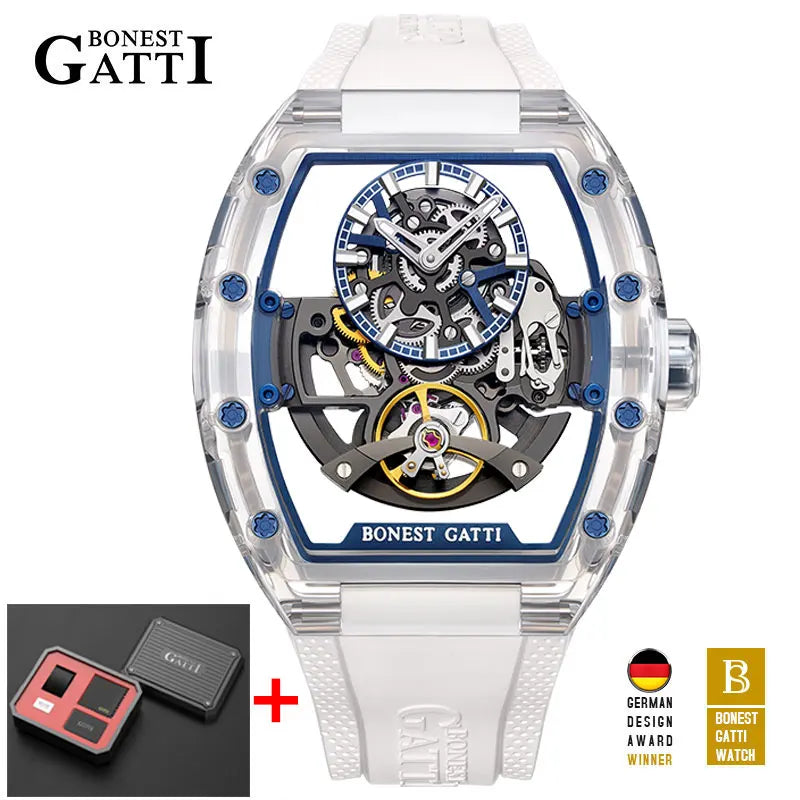BONEST GATTI 2025 New Men Automatic Watch Tonneau Mechanical Wristwatch Acylic Case Sapphire Lume Hollow Out Dial Fluororubber