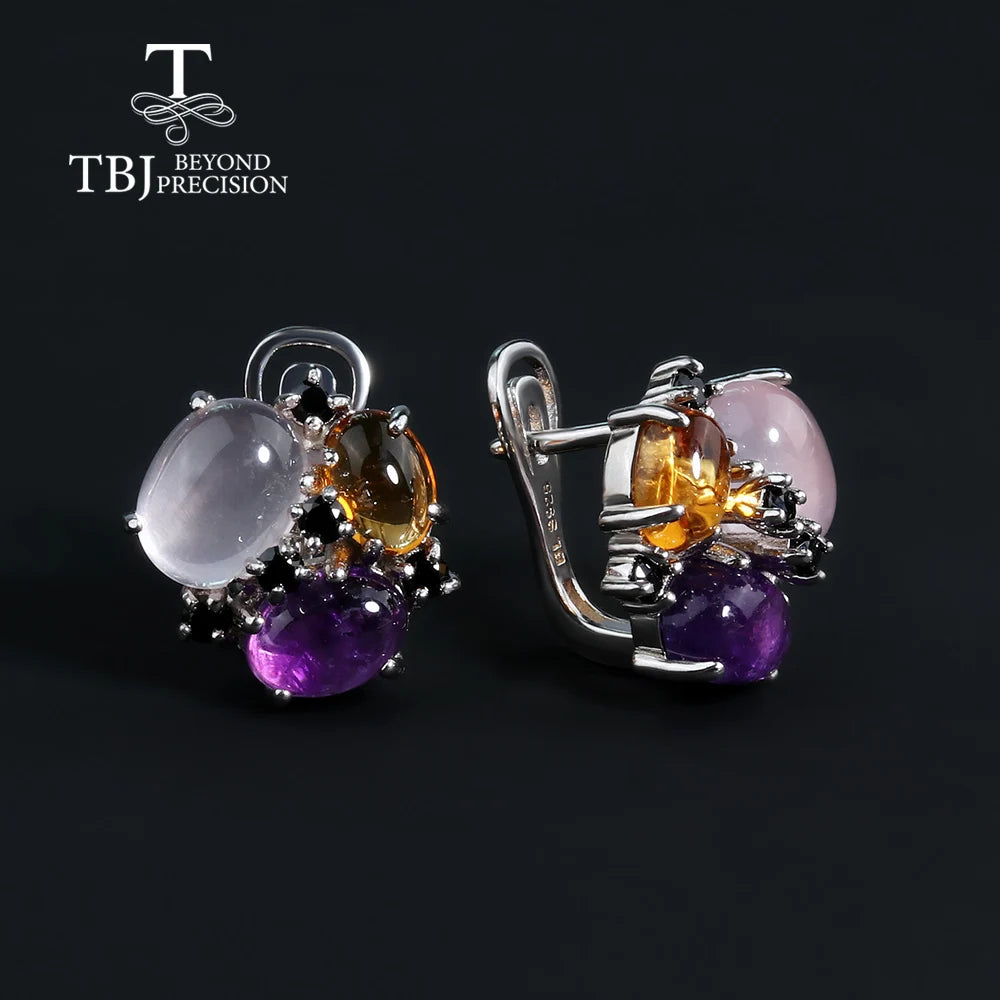 Natural gems Citrine Rose quartz Amethyst Multi-color Ring Earring Jewelry Set for Women fine Jewelry 925 Sterling Silver