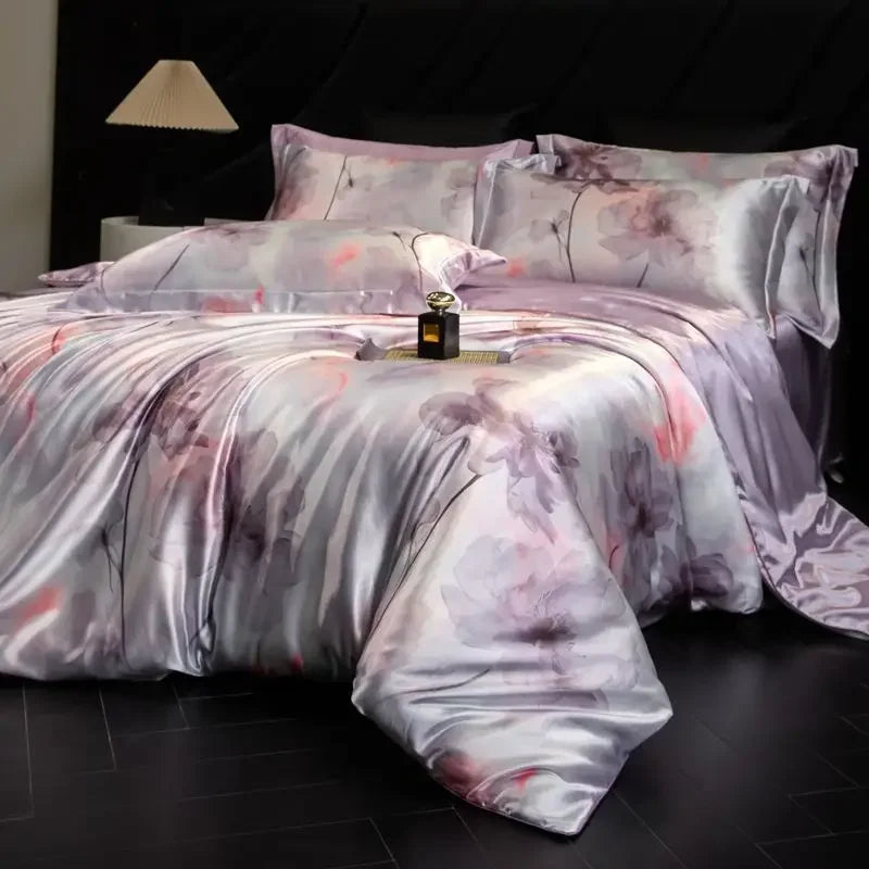 100% Natural Mulberry Silk Fitted Sheet Bedding Sets 3D Printed Satin Cooling Quilt Cover Set for Summer Single Double Bed Kit