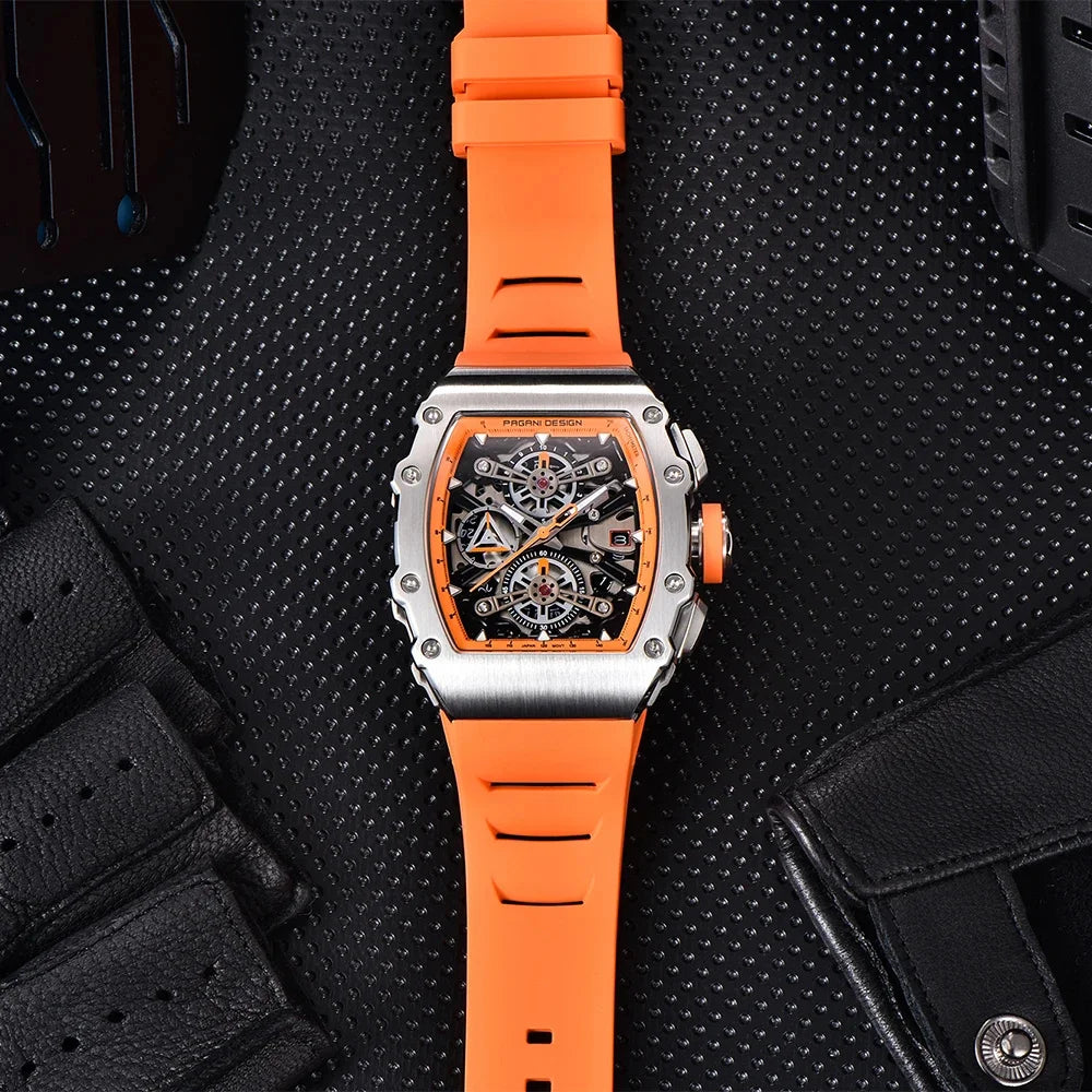 Pagani Design Men's Quartz Watches Japan Movt Skeleton Dial Waterproof Sport Rectangle Sapphire Glass Chronograph Watch For Men