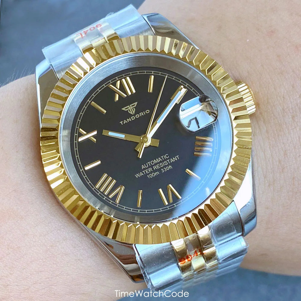 Montre automatique de luxe Tandorio Business pour homme, mouvement NH35A, cadran classique à chiffres romains, lunette cannelée, verre saphir, 36/39 mm