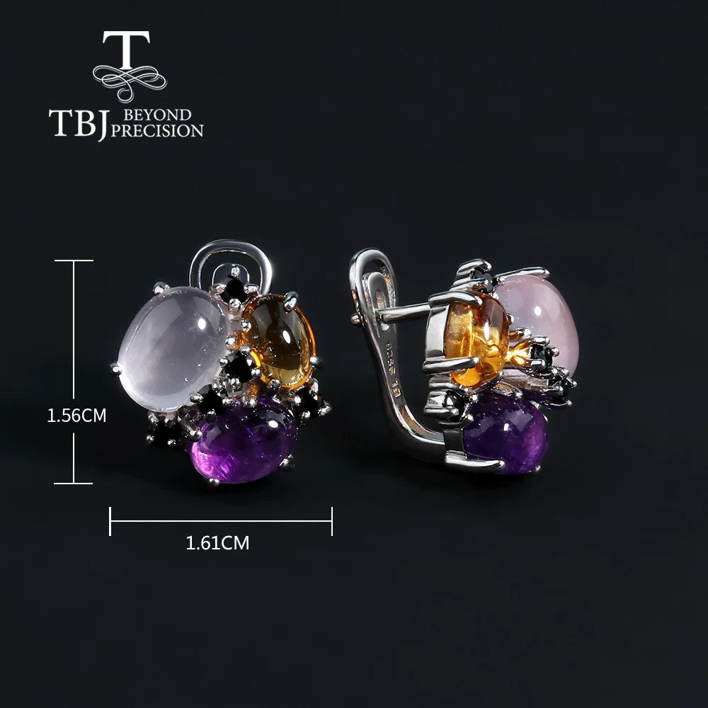 Natural gems Citrine Rose quartz Amethyst Multi-color Ring Earring Jewelry Set for Women fine Jewelry 925 Sterling Silver