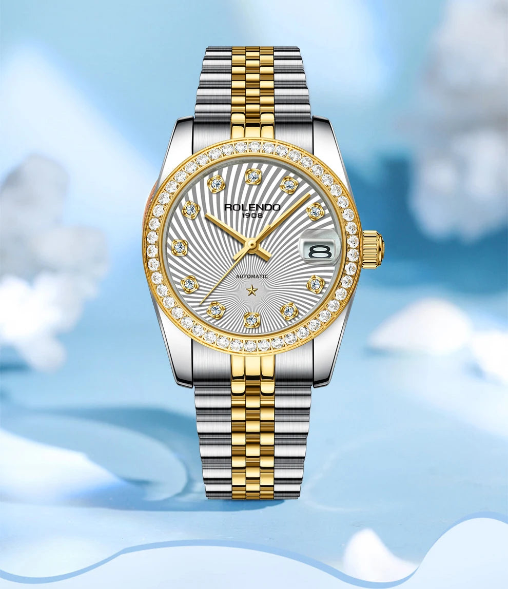ROLENDO Classic Date Watches for Woman 32mm Sapphire Crystal 30ATM Butterfly Buckle Gold Luxury Diamond-set Automatic Wristwatch