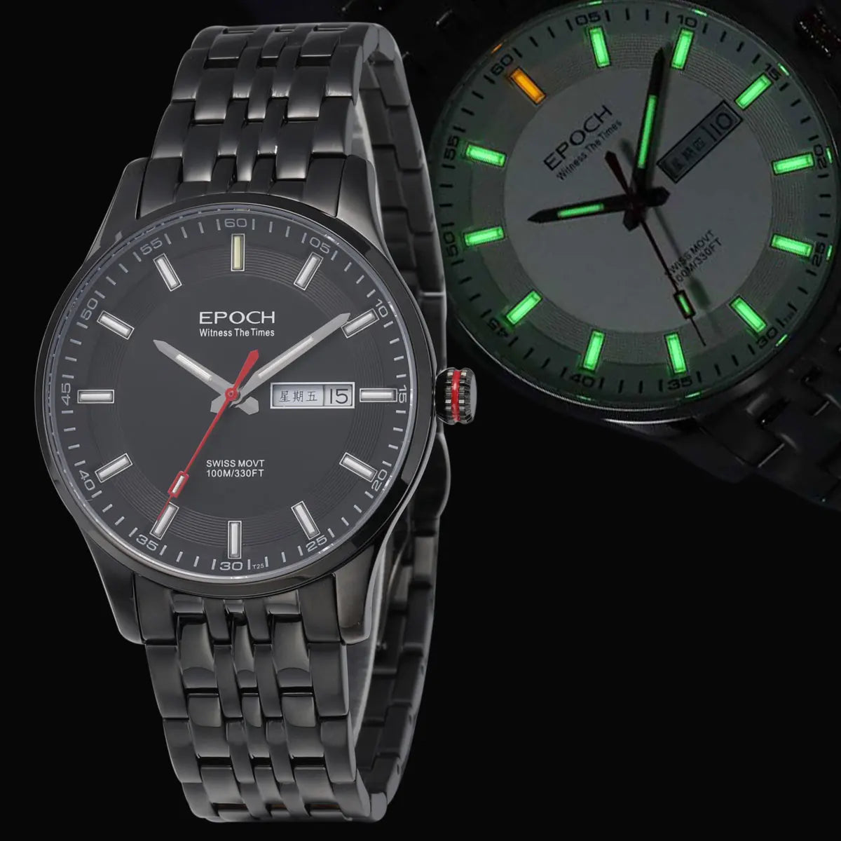 EPOCH Men Quartz Watch Super Luminous 25 Ronda Movement Chinese English Day Date WR100M Sapphire Military Watch 40mm
