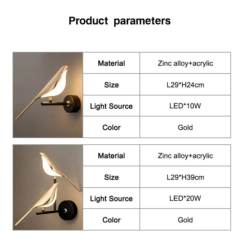 Creative Bird 360° Rotatable LED Wall Lamps Bedroom Bedside Indoor Golden Touch Switch LED Wall Lights Wall Sconce Home
