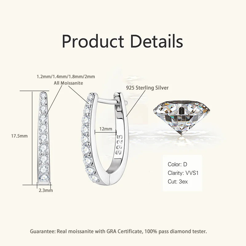 RAPRGOLD Certified Round Moissanite Hoop Earrings for Women S925 Sterling Silver U-shaped Earring Girl's Jewelry Gifts oorbellen