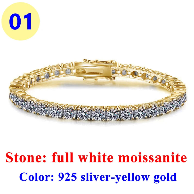 3MM Pink Full Moissanite Tennis HipHop Blue Green Yellow Purple Bracelet S925 Sliver Plated White Gold Bracelet for Women Men