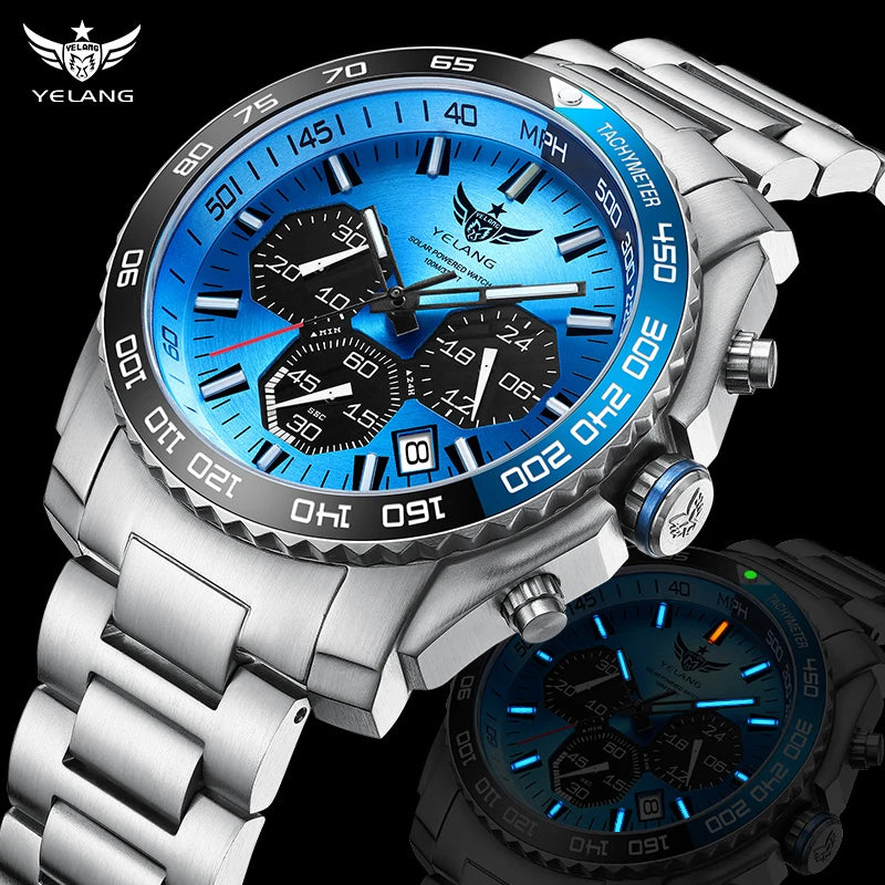 Yelang Watch 44mm V1215 Men Sports Watch Japan Eco-Drive VR42 Solar Diving Watch 100m Waterproof 10Bar Luminous watches for men