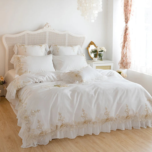 White Lace Embroidery Princess Bedding Set Luxury High End France Style Egyptian Cotton Duvet Cover Sets Bed Sheet Pillowcases
