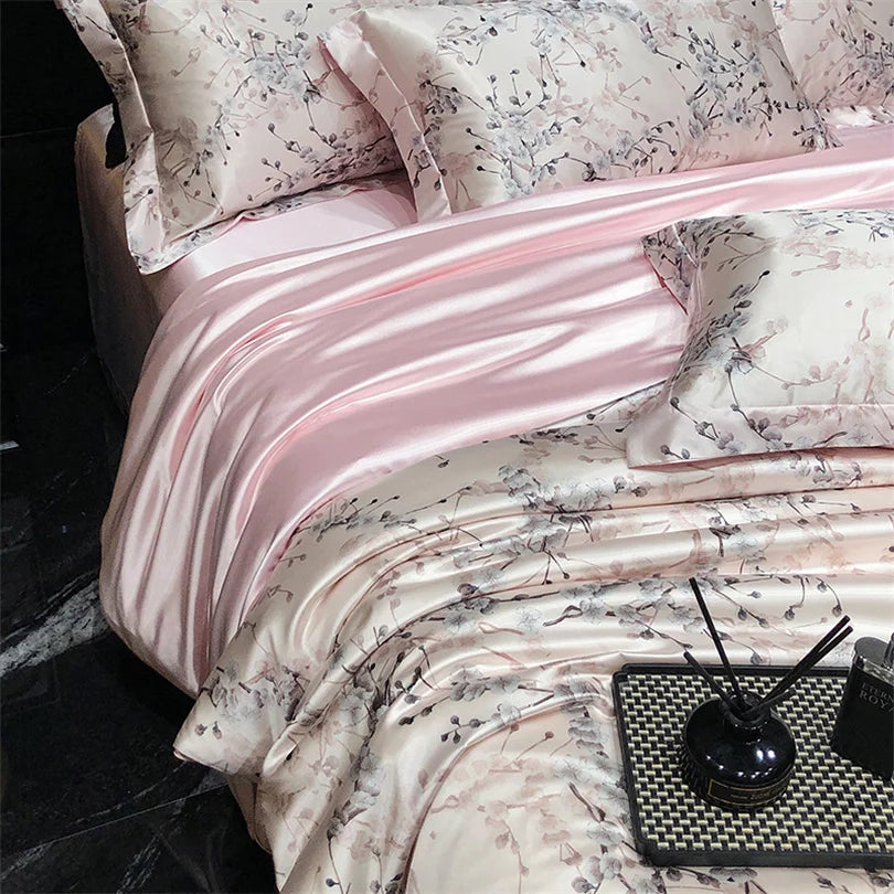Floral Silk Bedding Set with Duvet Cover Bed Sheet Pillowcase Luxury Couple Single Double King Queen Soft Bedsheet Nordic Smooth