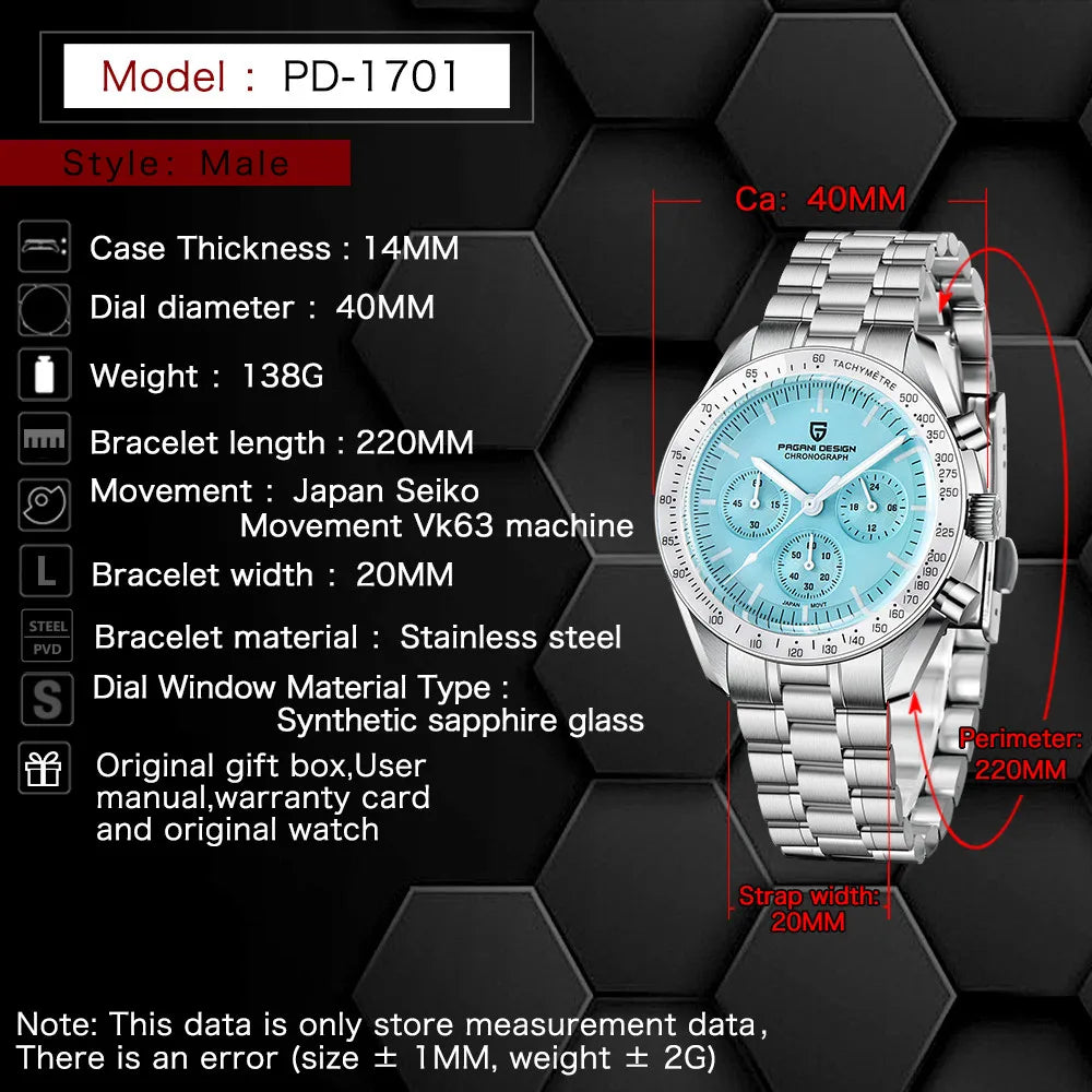 PAGANI DESIGN 2025 New Men's Watches Top Brand Luxury Quartz Watch For Men Date Speed Chronograph VK63 Stainless steel PD-1701