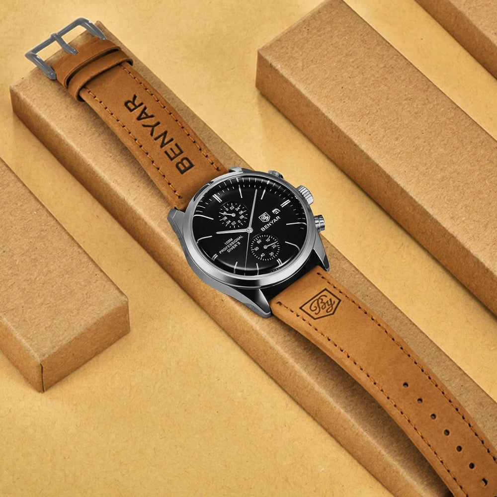 BENYAR Men Quartz Wristwatches Luxury Brand Chronograph Leather Sports Watch For Men Military 100M Waterproof Reloj Hombre 2023