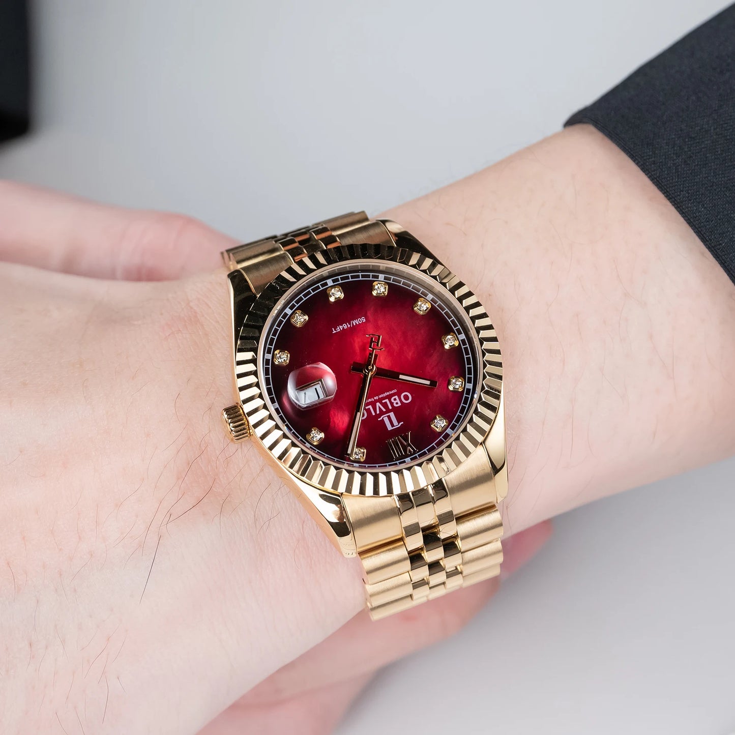 OBLVLO Men's Elegant Yellow Gold Red Dial Bracelet Quartz Watch with Date Fashion Green Dial Business Watches for Men RX-PE