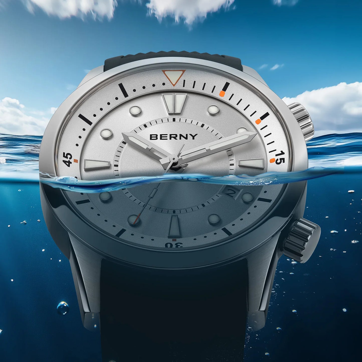 BERNY Automatic Diver Men Watch 200M Waterproof Miyota 8215 Sappire AR Coated Silicone Sports Swim Wristwatch Men's Diver Watch