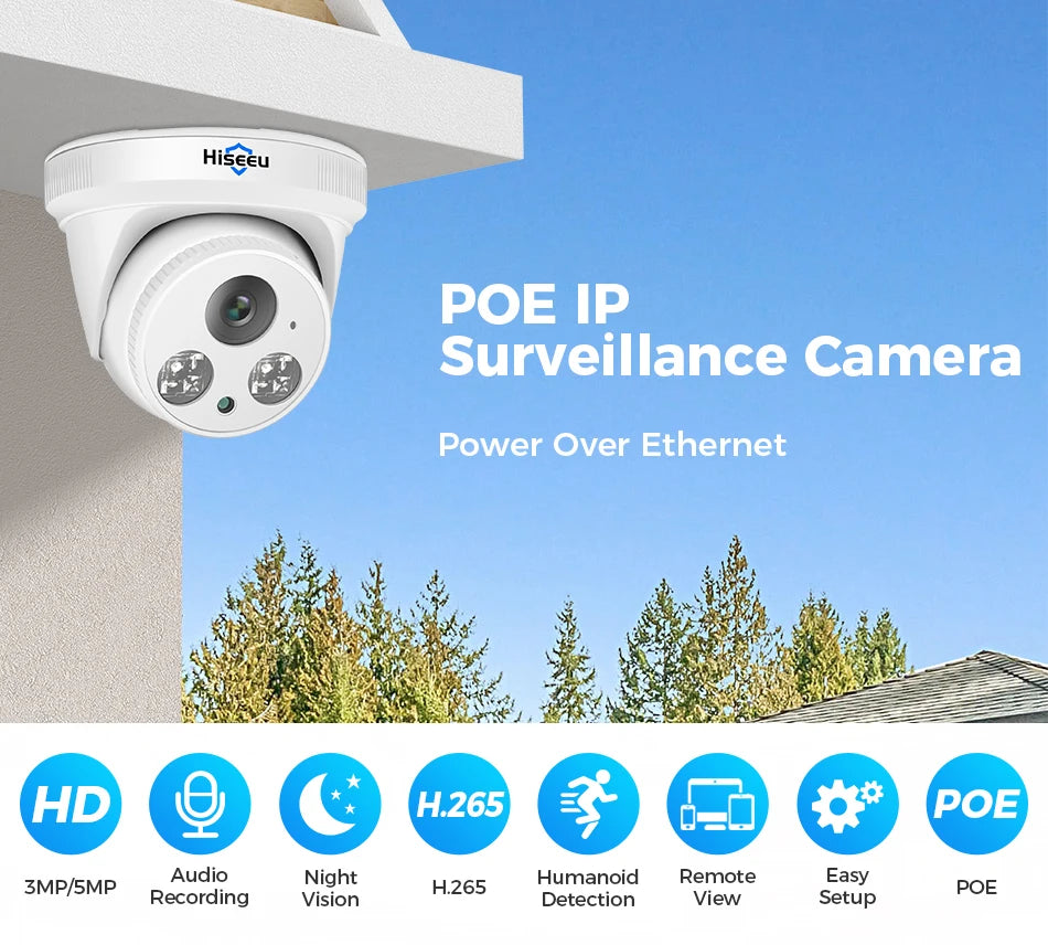 Hiseeu 5MP 3MP POE IP Security Surveillance Camera H.265+ Dome CCTV ONVIF Audio Record Motion Detection Indoor Home Roof