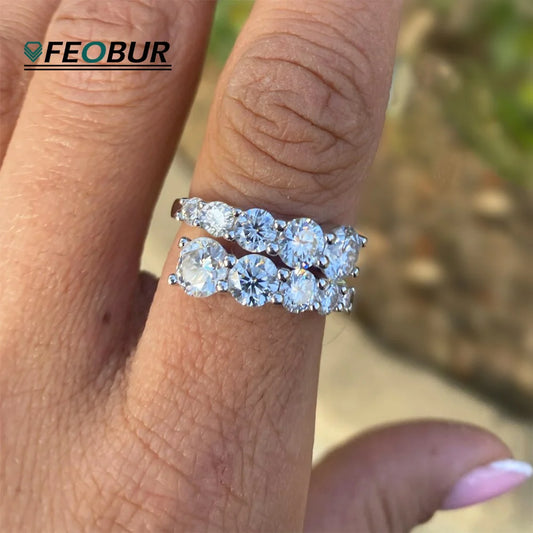 FEOBUR 3.26CT 10 Gems Full Moissanite Rings for Women 925 Sterling Silver Sparkling Lab Diamond Wedding Band Tail Ring Jewelry