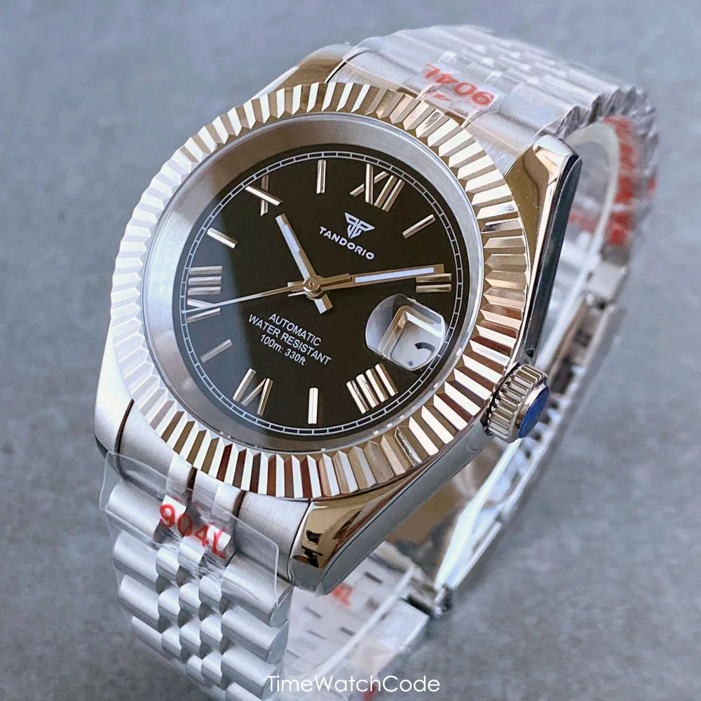 Montre automatique de luxe Tandorio Business pour homme, mouvement NH35A, cadran classique à chiffres romains, lunette cannelée, verre saphir, 36/39 mm