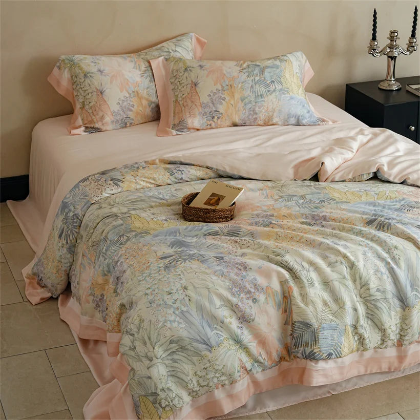 Luxury 22mm Mulberry Silk Bedding Set Romantic Floral Duvet Cover Pillowcases Bed Sheet Set Luxury Bed Linen King Queen Size